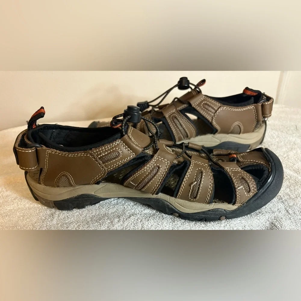Eddie Bauer Tommy Leather Sandals Men Size 11 Bump Toe Hiking Brown Bungee Strap